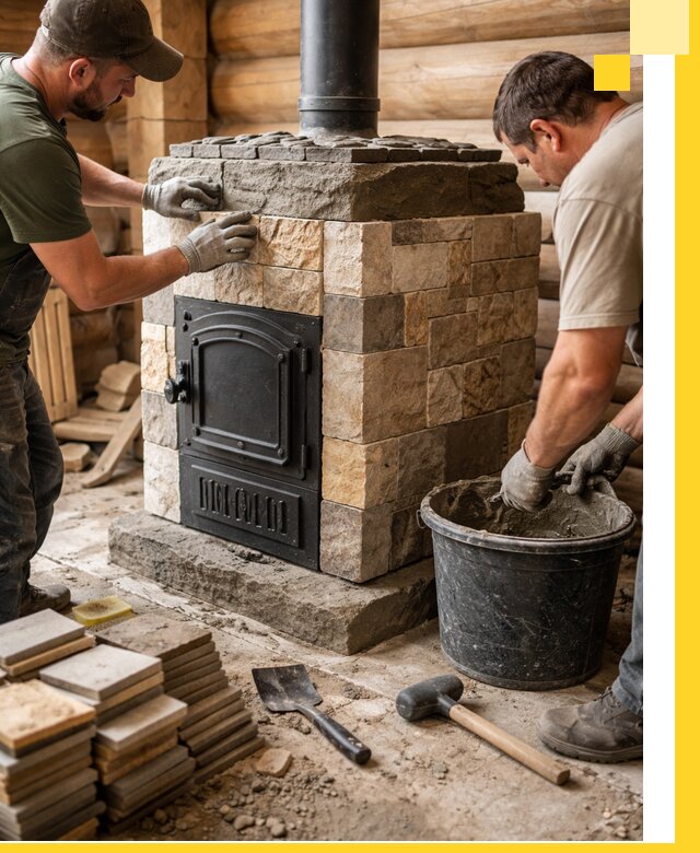 Облицовка банной печи под ключ в Людинове: камень и плитка